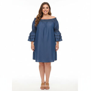 Eighty Eight Premium Blue Denim Chambray Off Shoulder Ruffled Sleeve Dress 3X